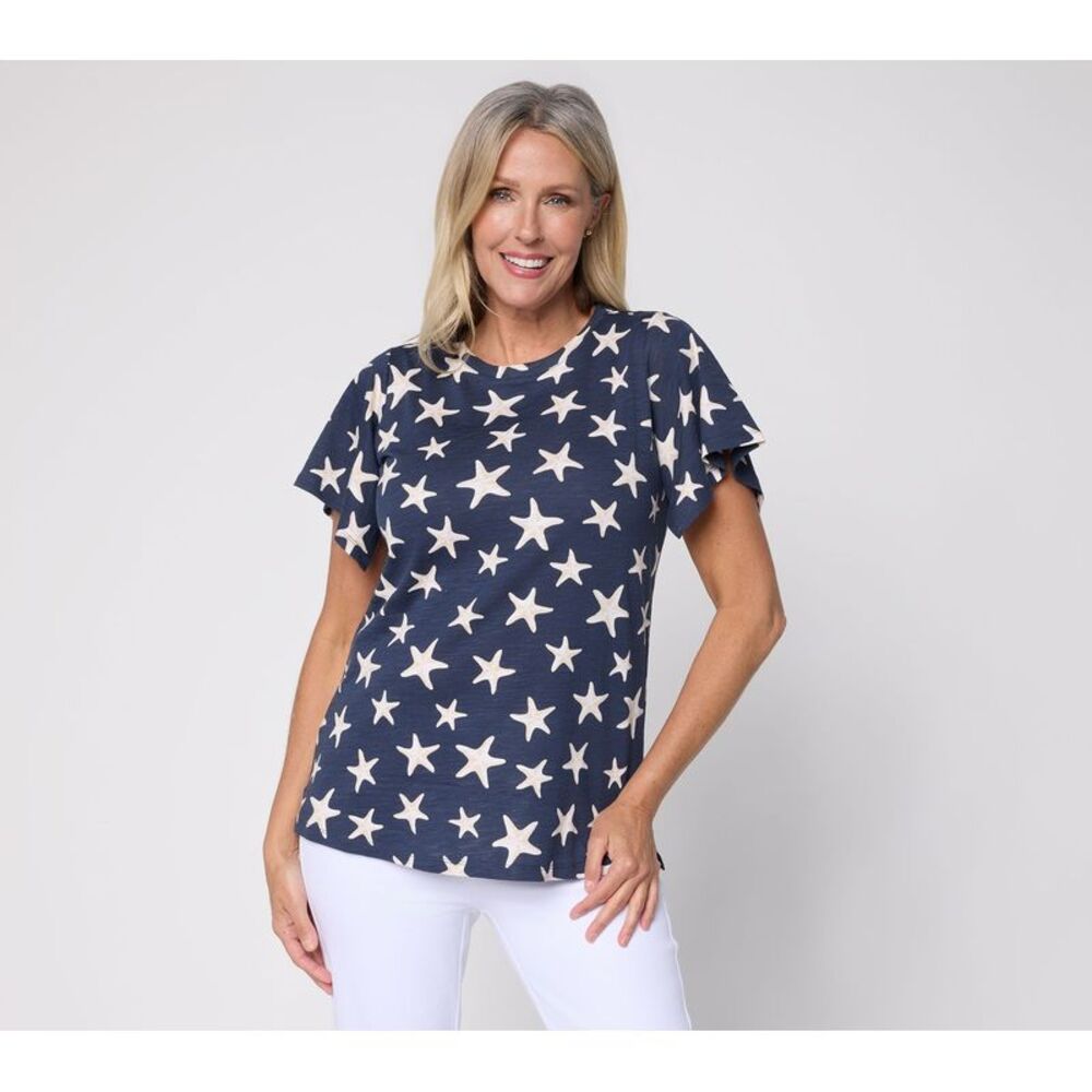 Belle by Kim Gravel Women's Top Sz L Slub Knit Baby I'm a Starfish Blue